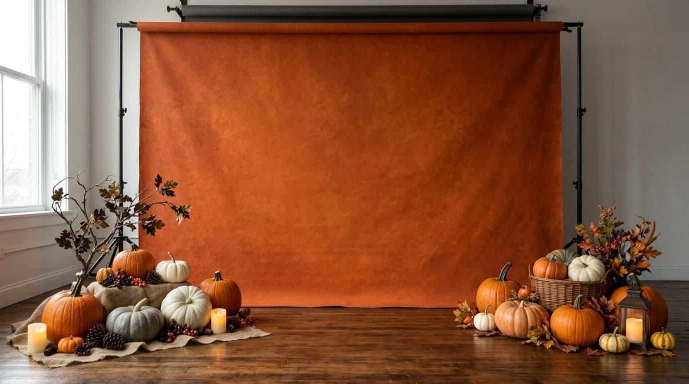 A professional orange studio backdrop with pumpkins arranged along the lower corners, clear center