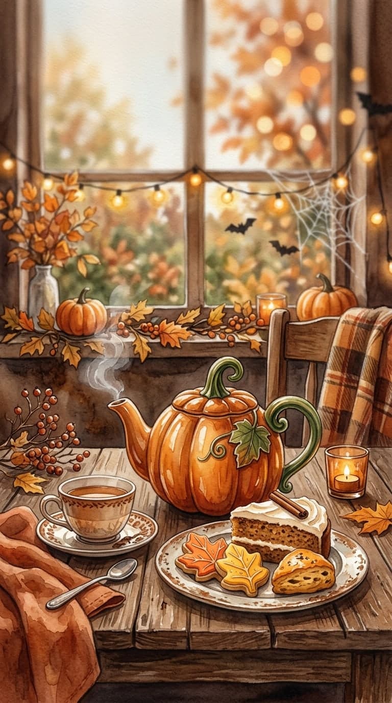 A pumpkin-shaped teapot and autumn pastries on a wooden table, warm cozy watercolor