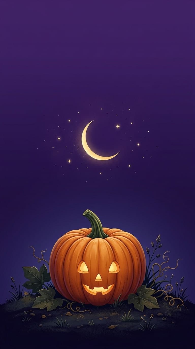 A slender crescent moon above one pumpkin on a deep purple empty sky, elegant graphic illustration