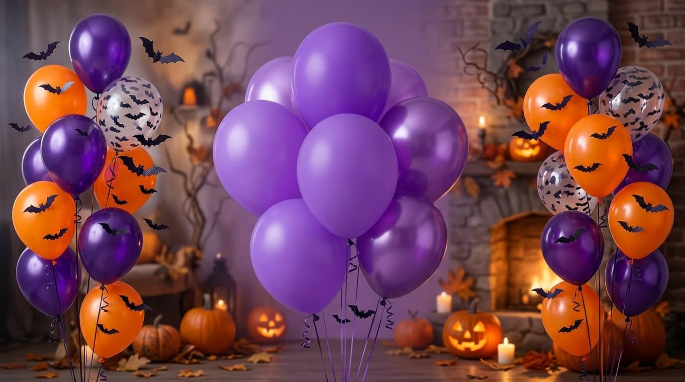Purple and orange Halloween balloons with tiny bats around the edges, spacious clean purple center