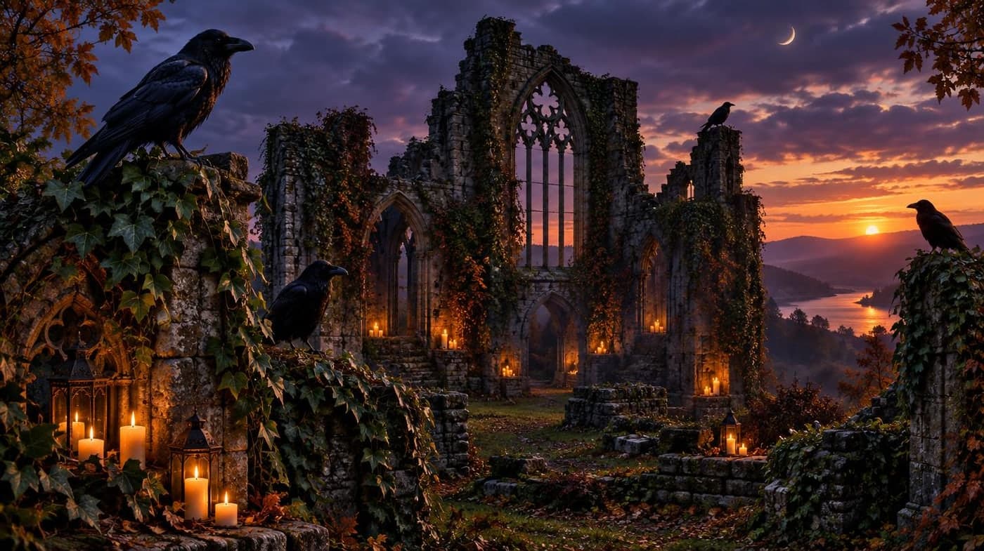 Ravens perched on a ruined abbey with ivy and warm candlelight at twilight