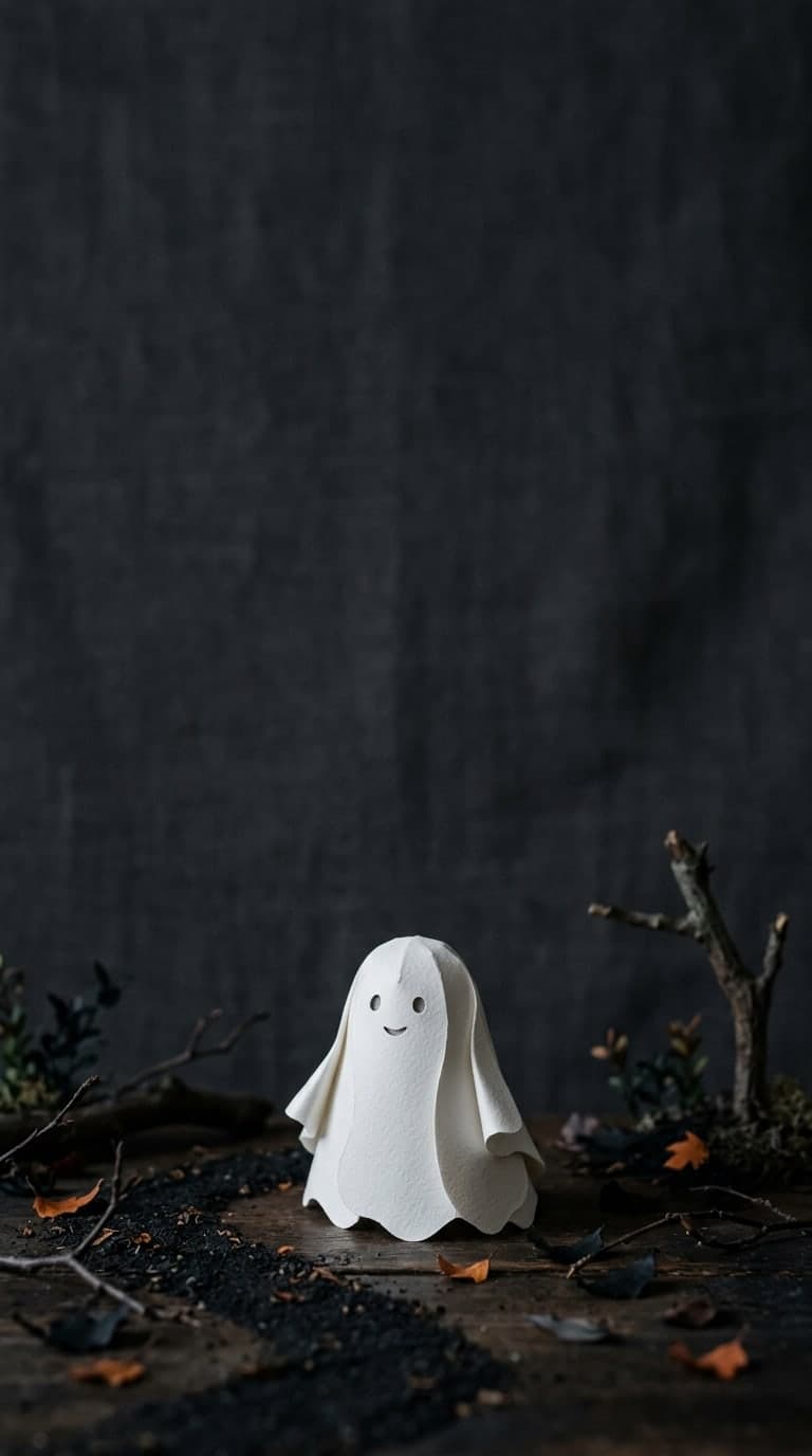 One small white paper ghost in the lower third on a muted charcoal background, paper sculpture