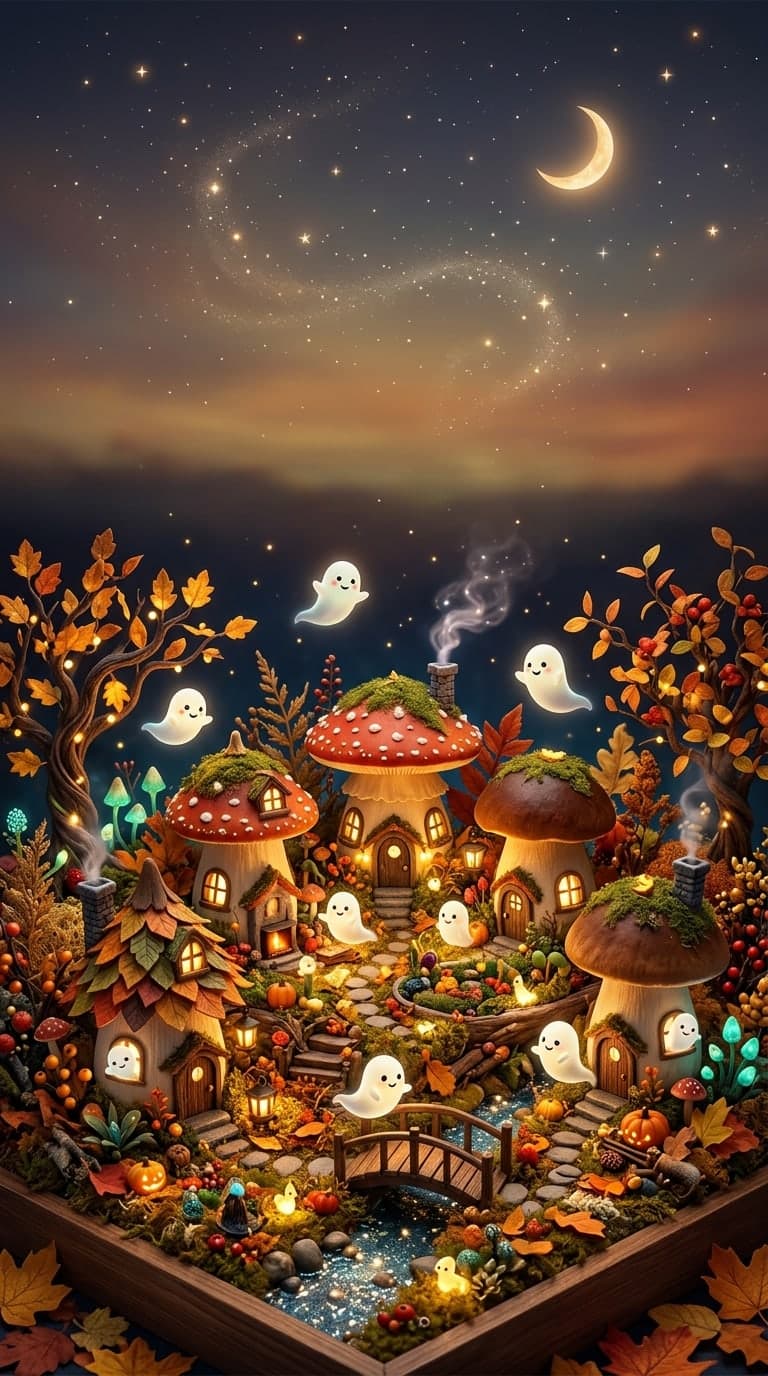 Miniature mushroom houses inhabited by friendly ghosts, magical autumn diorama