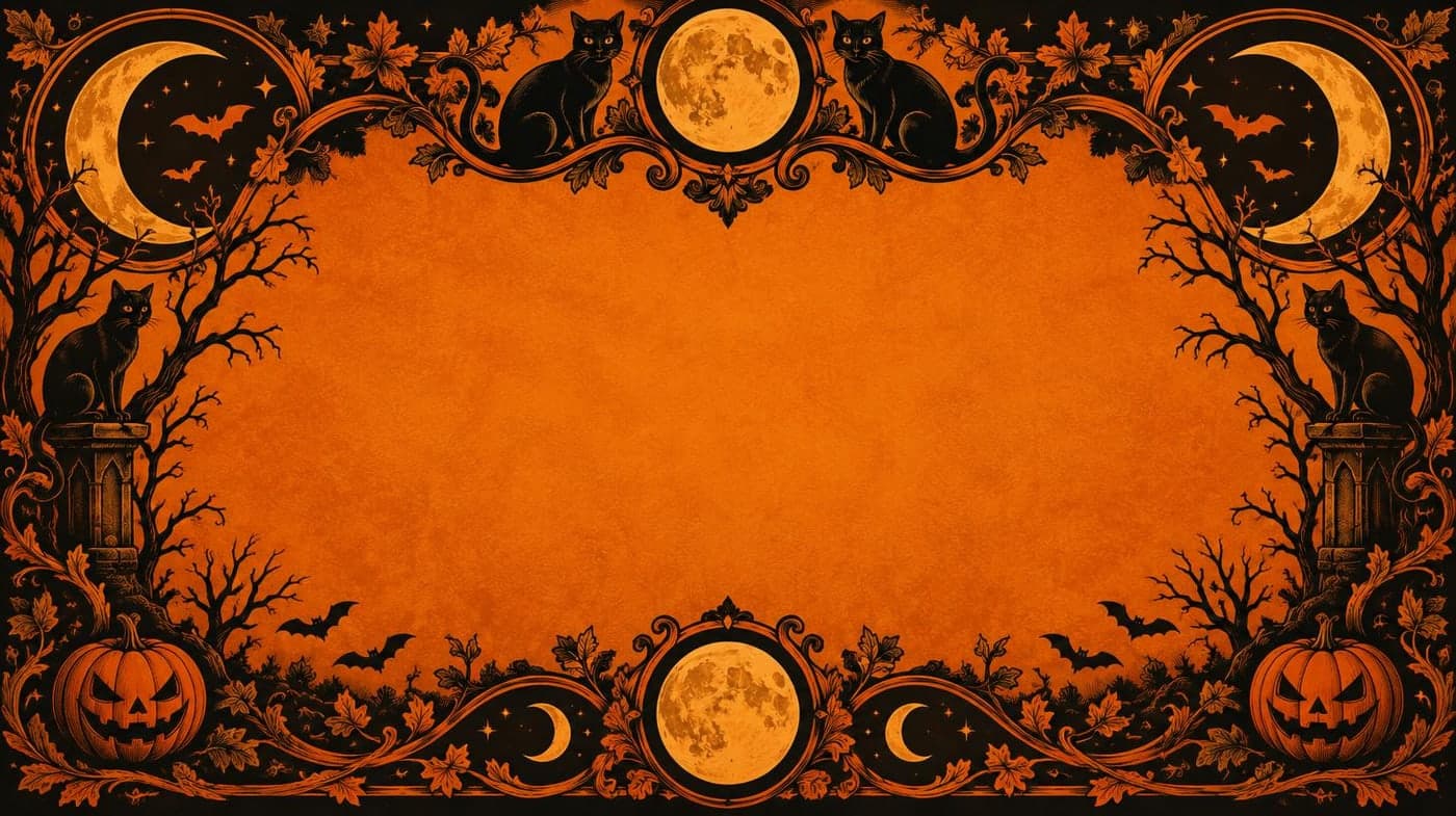 Vintage orange and black Halloween illustration with moons and cats forming an ornate border, empty center