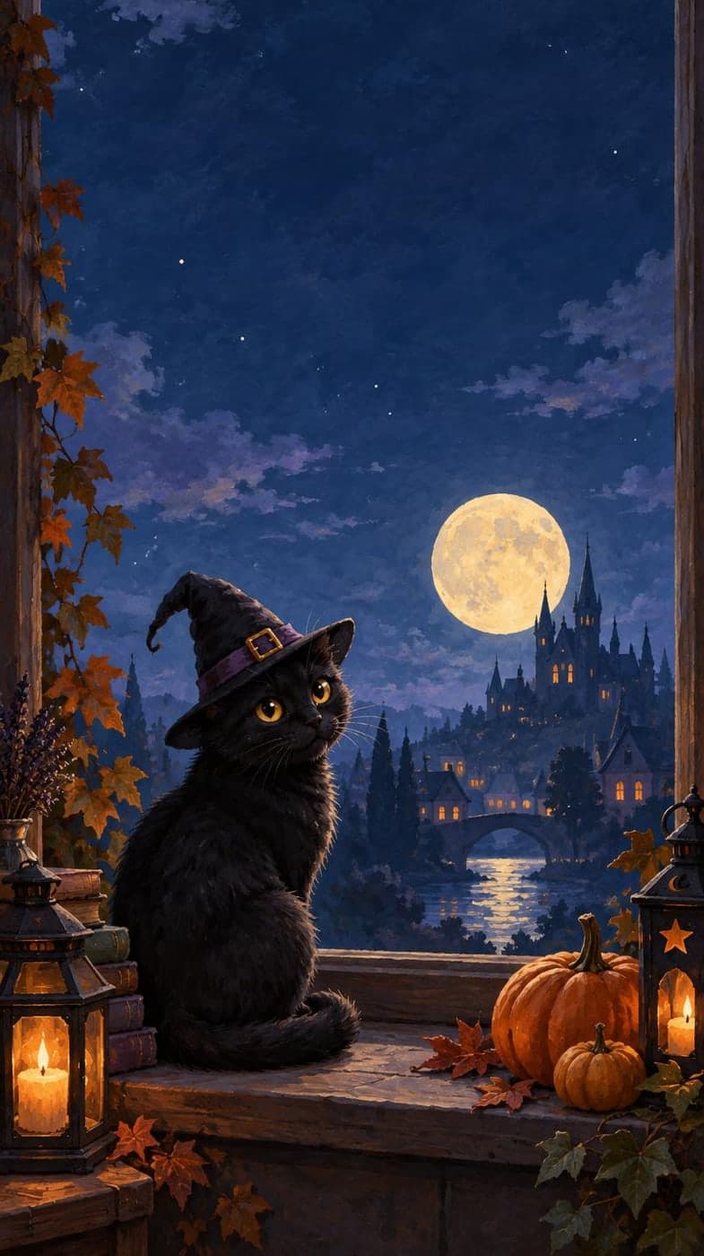A black cat in a little witch hat on a moonlit windowsill, soft gouache illustration