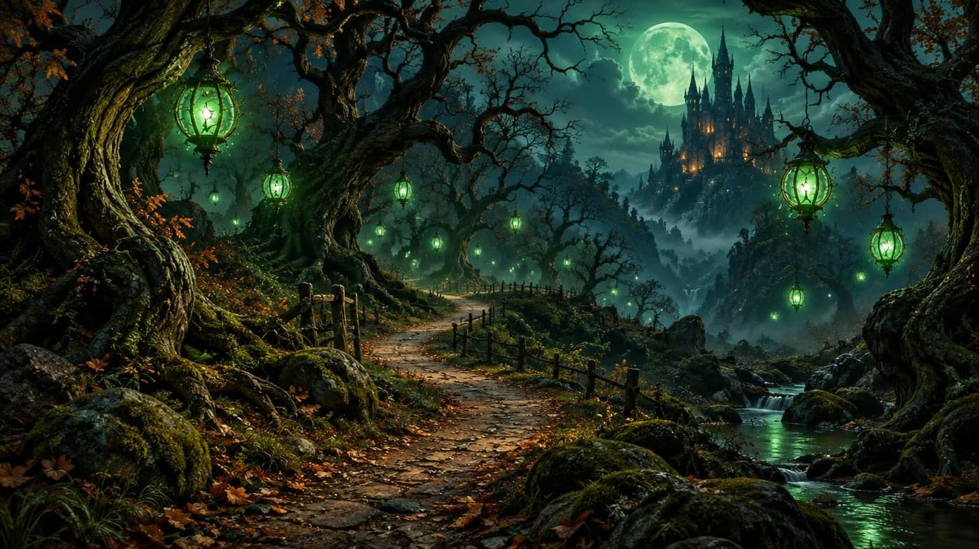 A winding path through twisted woodland with floating green lanterns, cinematic fantasy environment
