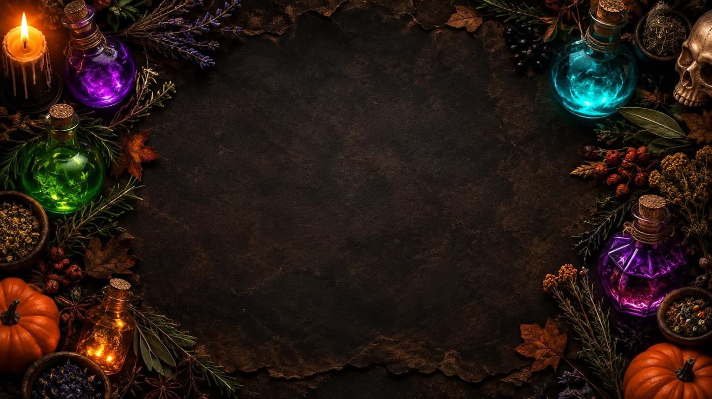 Glowing potion bottles and herbs arranged along the edges of dark parchment, empty center