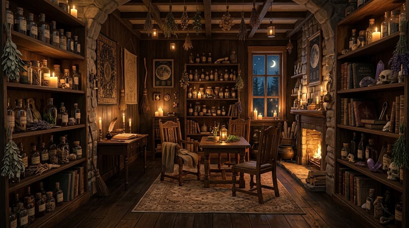 An empty candlelit witch study with potion shelves at the edges, clear central seating area, realistic interior photo