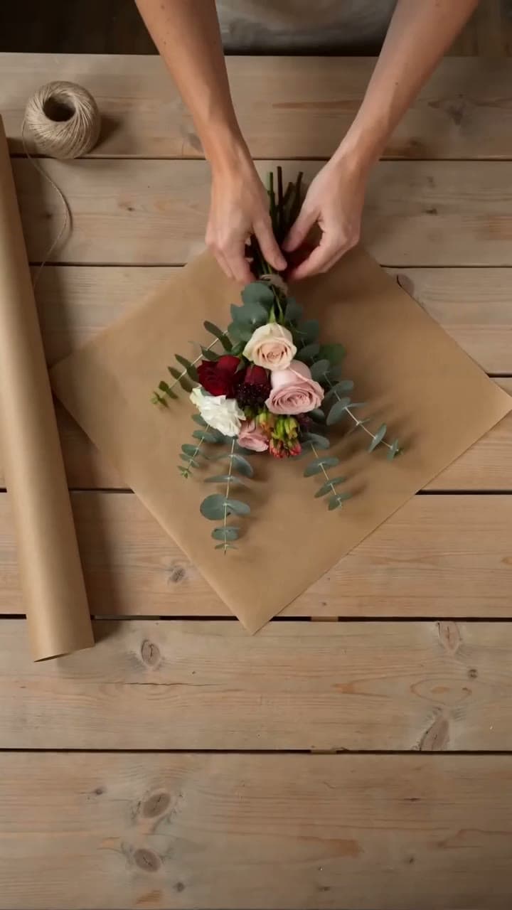 Vertical video of hands arranging and wrapping a bouquet in brown paper in soft daylight