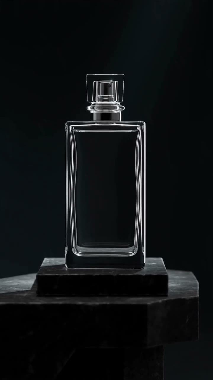 Vertical video of a perfume bottle rotating on a stone plinth as light sweeps across the glass