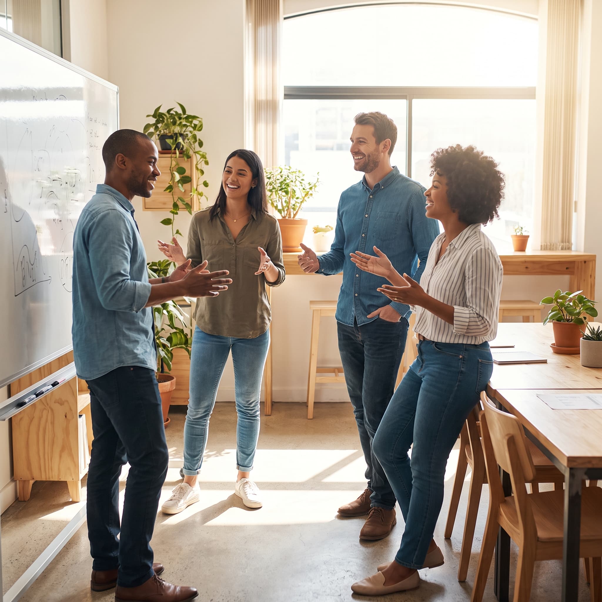 A team standing around a whiteboard mid-discussion in bright natural light