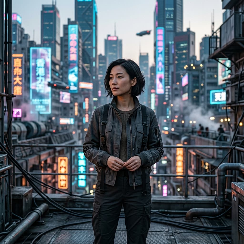 Future rooftop Cyberpunk portraits example