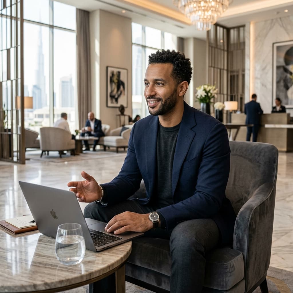 Luxury lobby Dubai entrepreneur photos example