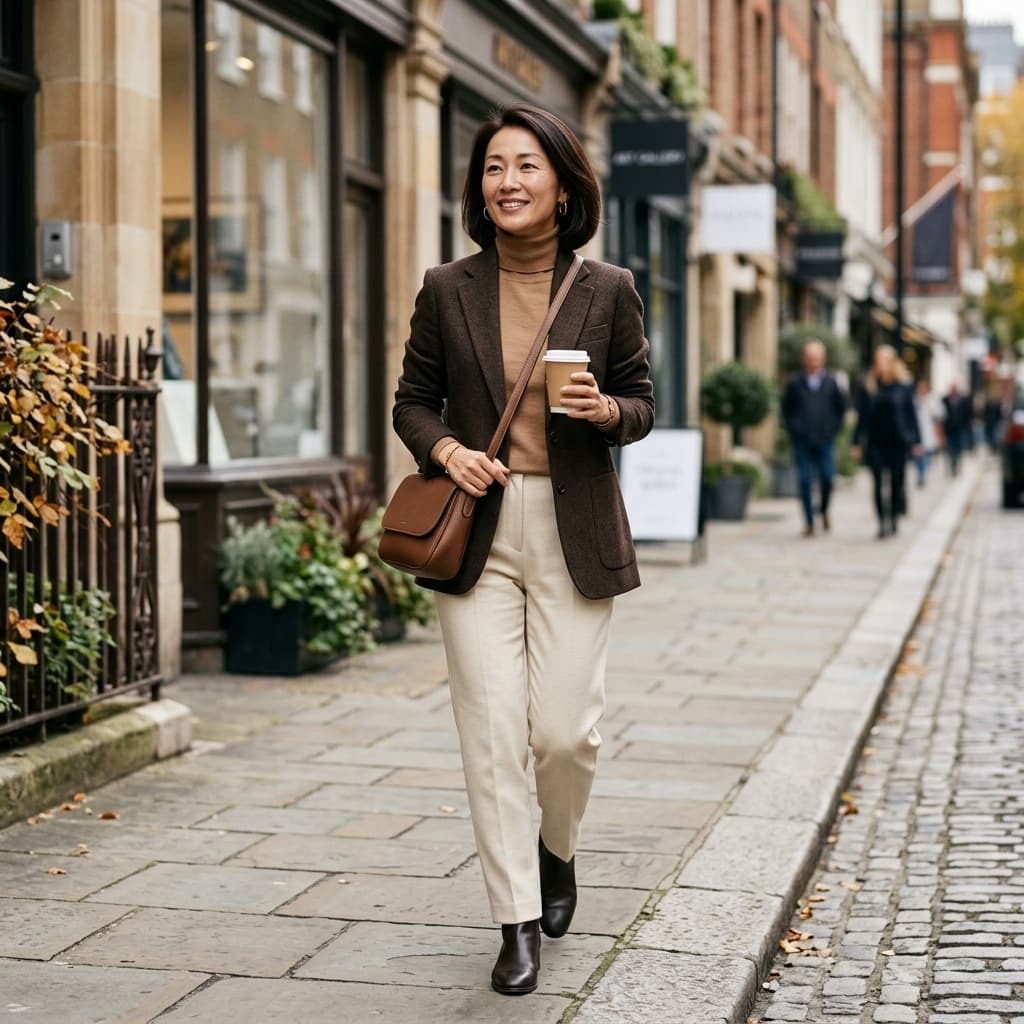 Tailored street Mocha outfit photos example