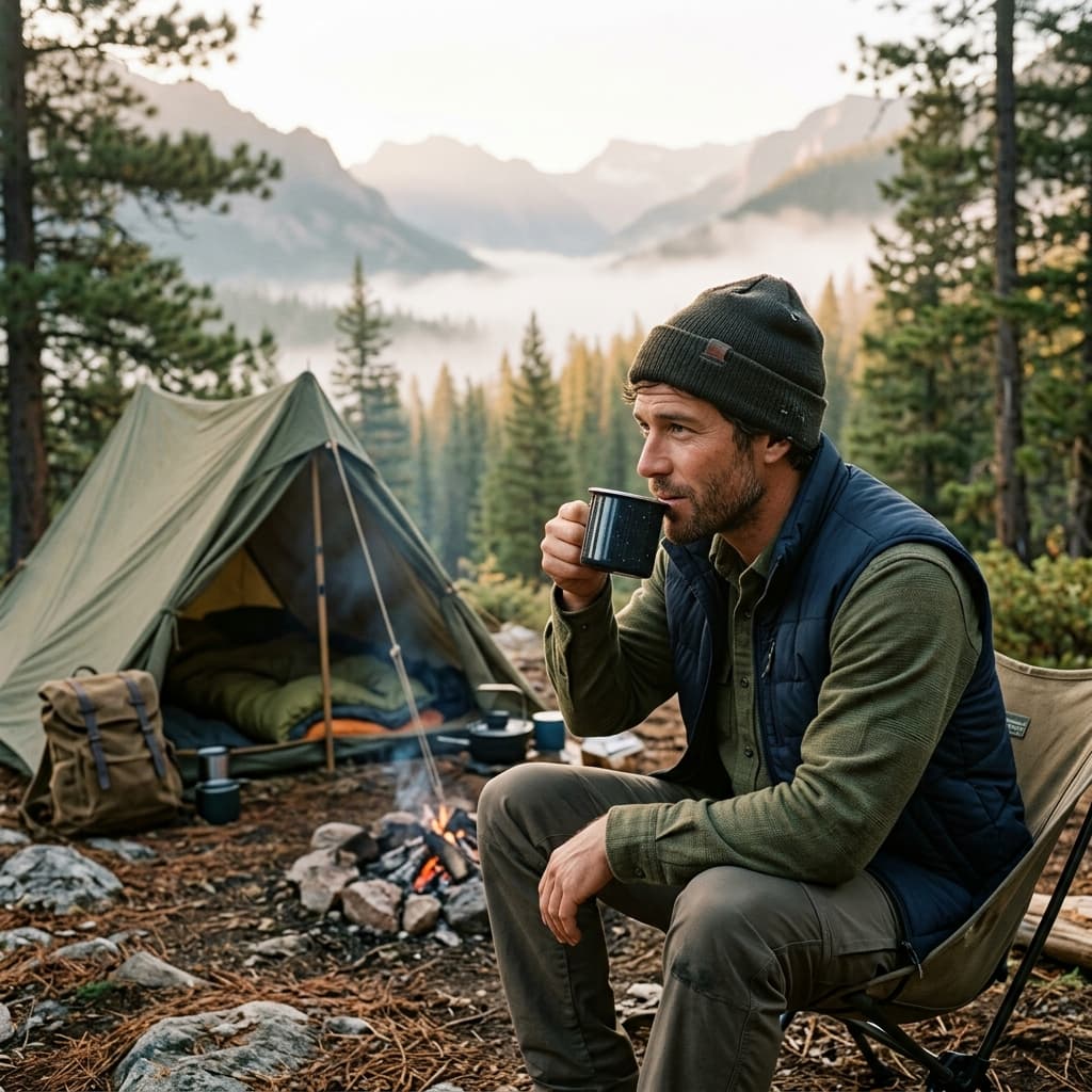 Camp morning Outdoor adventure photos example