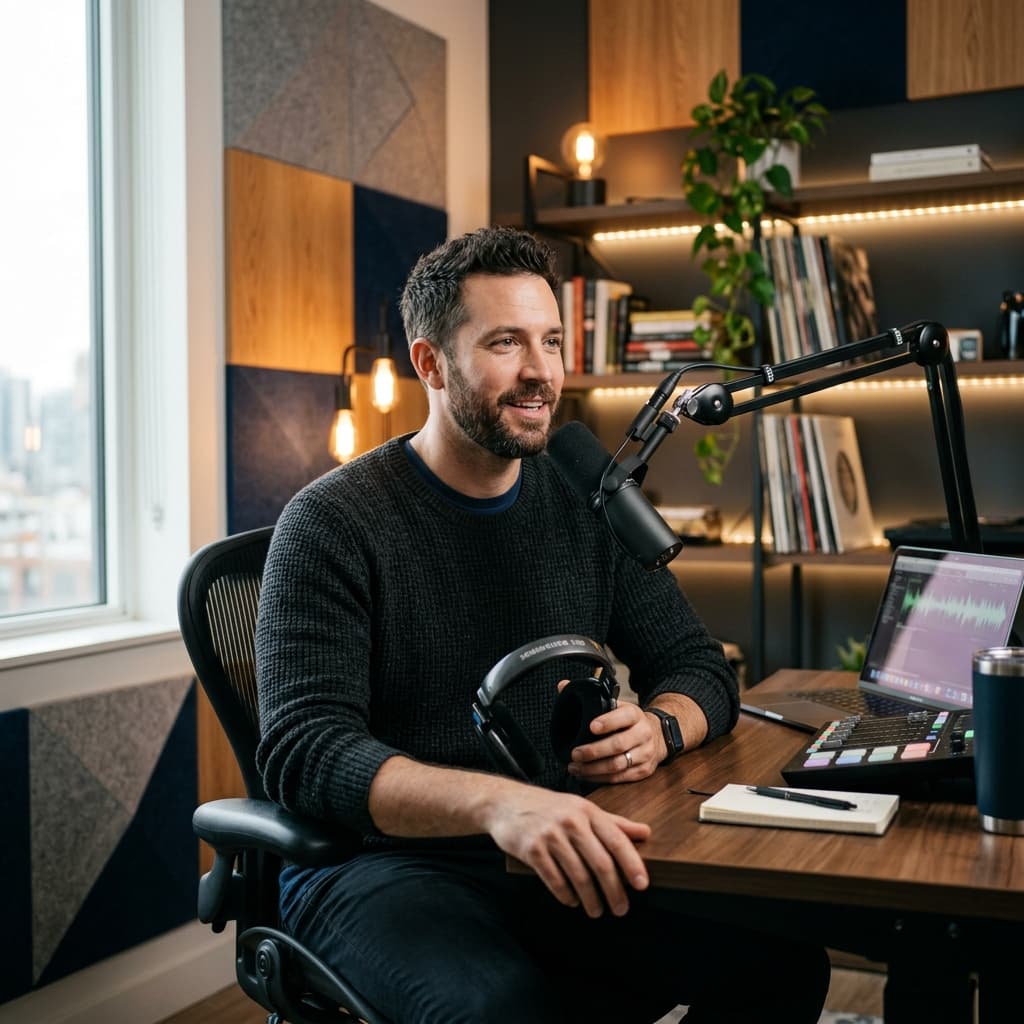 Modern studio Podcast host photos example