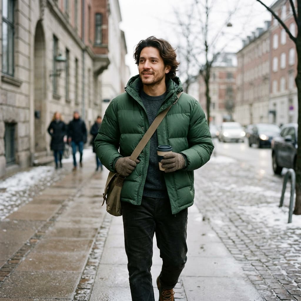 Winter street Puffer jacket photos example