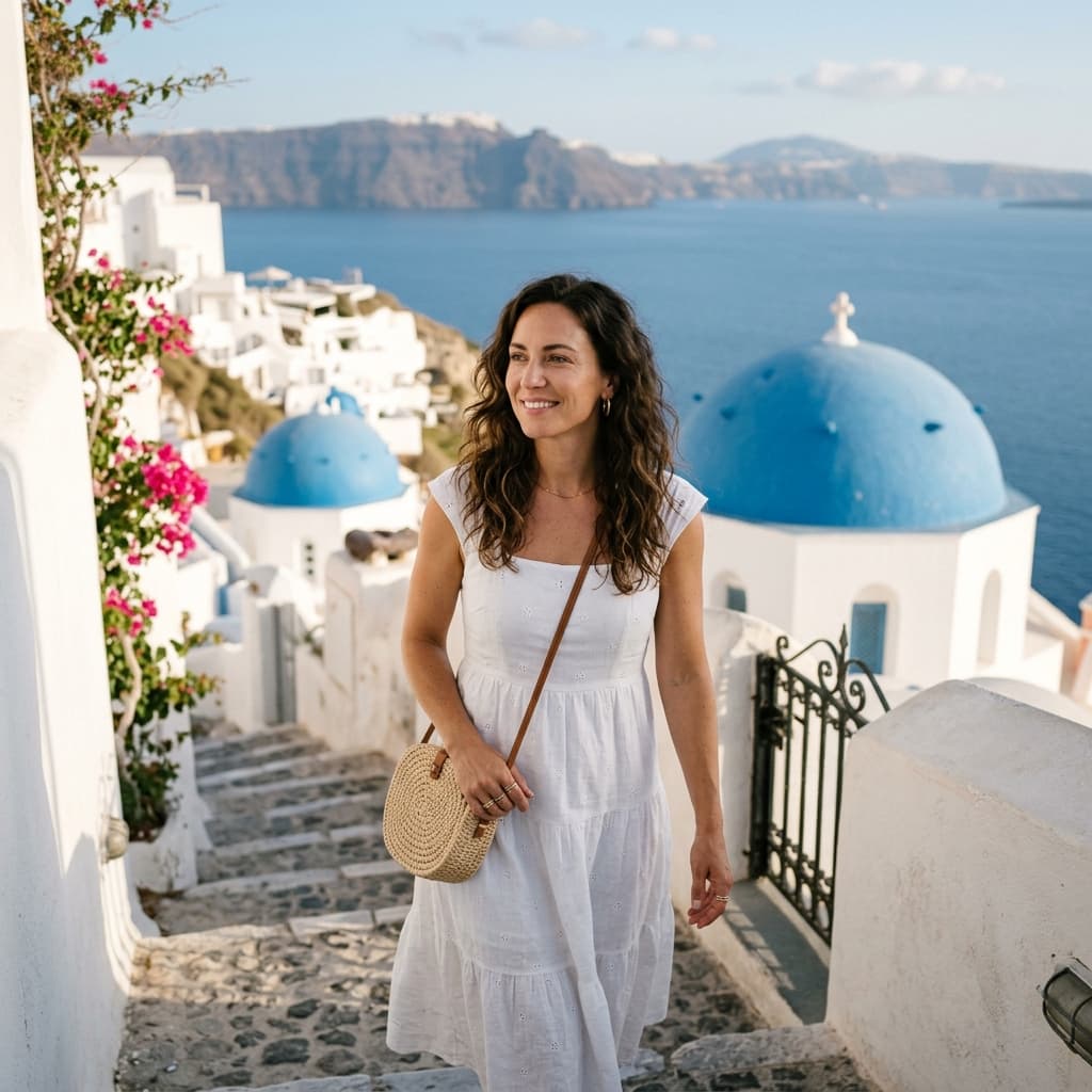 Blue-dome walk Santorini photos example