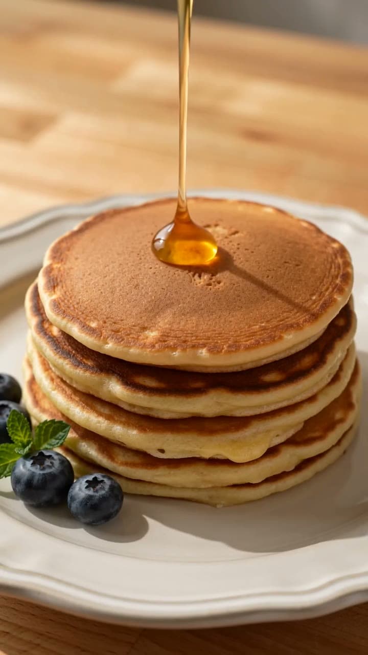 Overhead vertical video of honey pouring slowly over pancakes catching the light