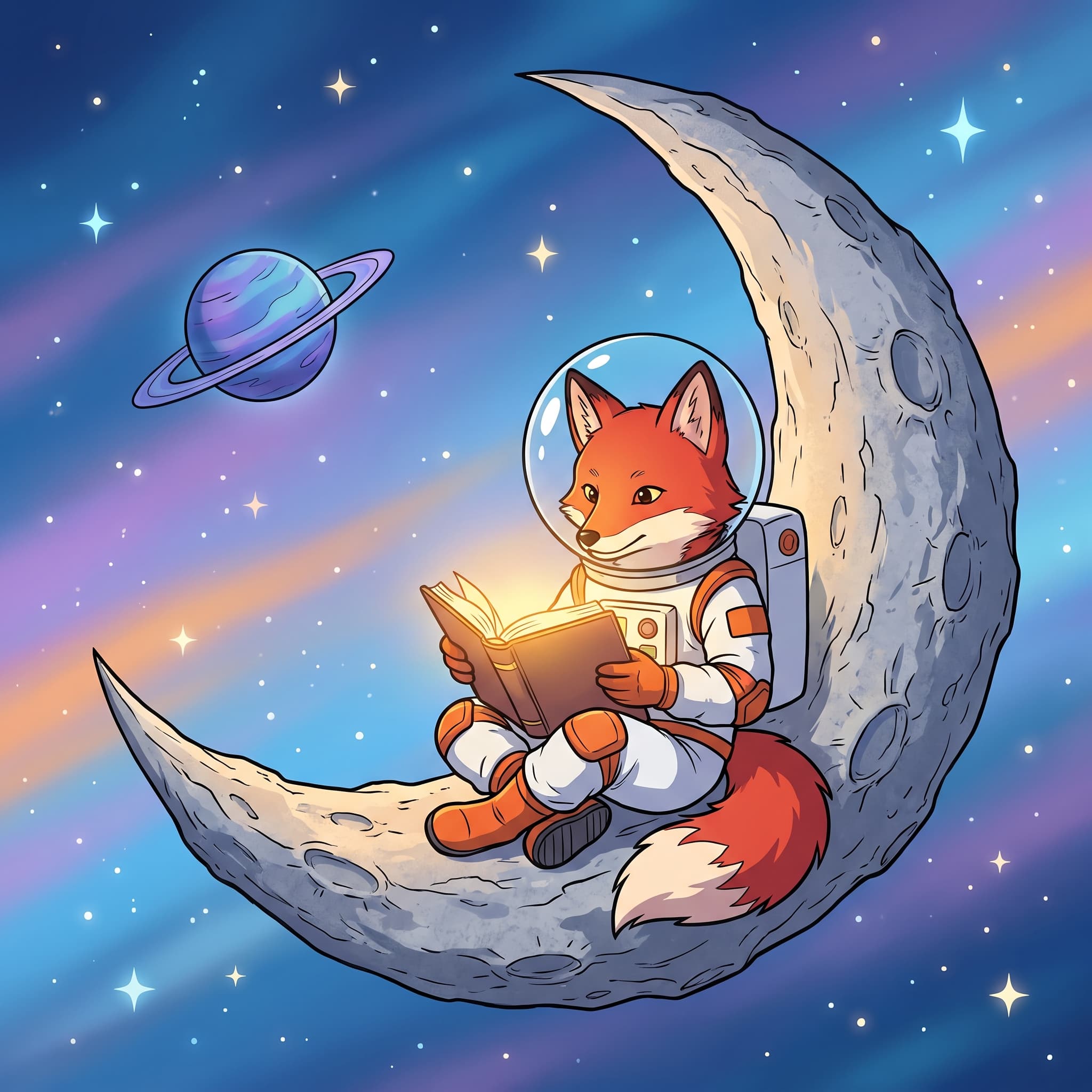 A fox astronaut reading on a crescent moon, rendered in anime style
