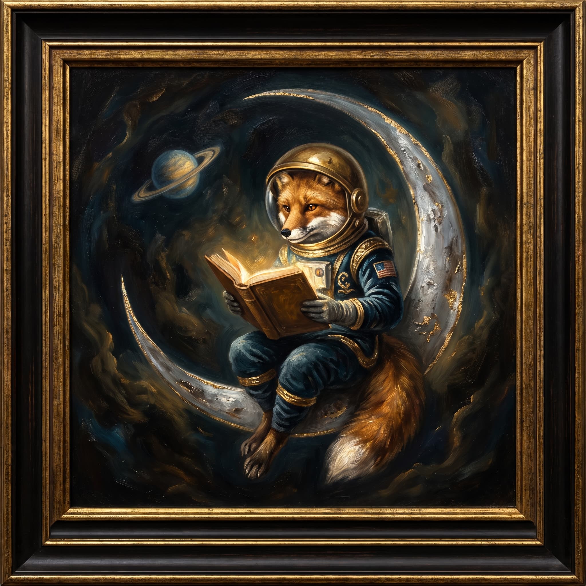 A fox astronaut reading on a crescent moon, rendered in baroque style