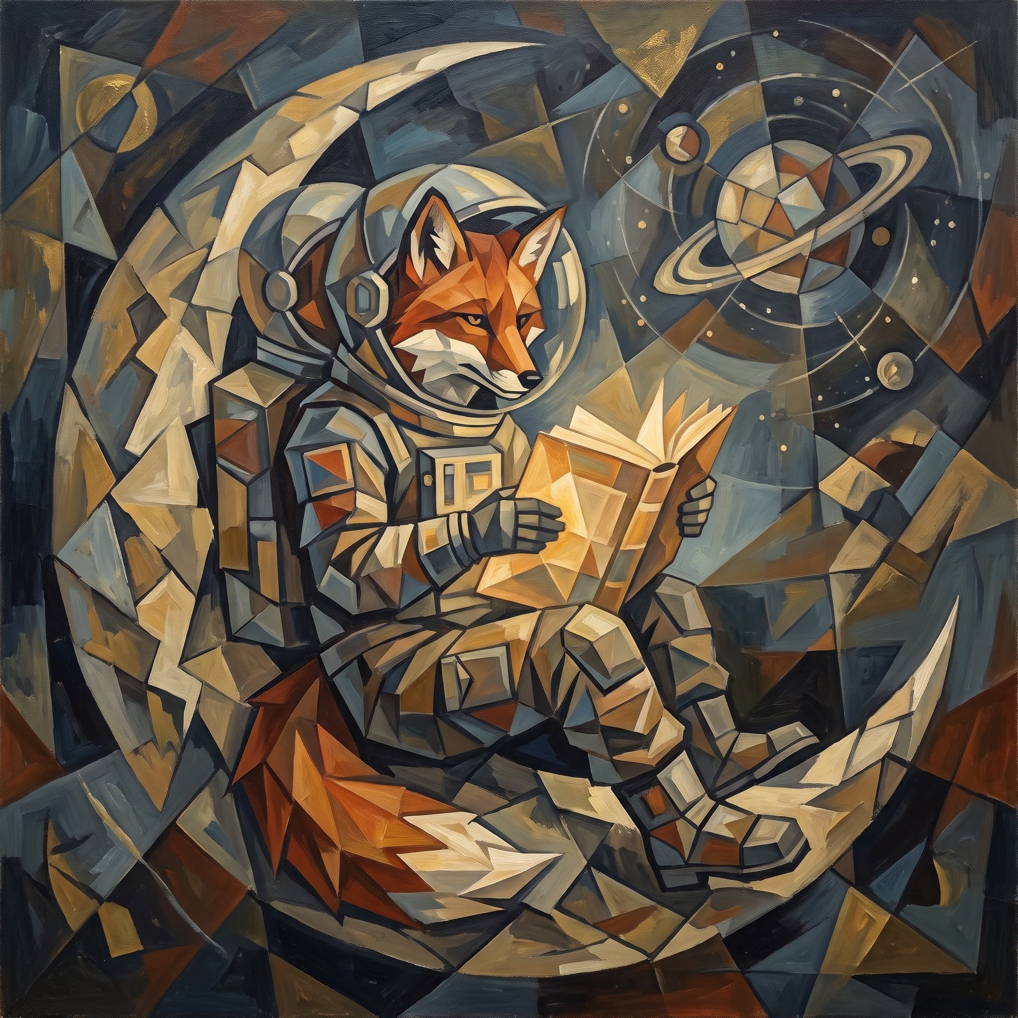A fox astronaut reading on a crescent moon, rendered in cubist style
