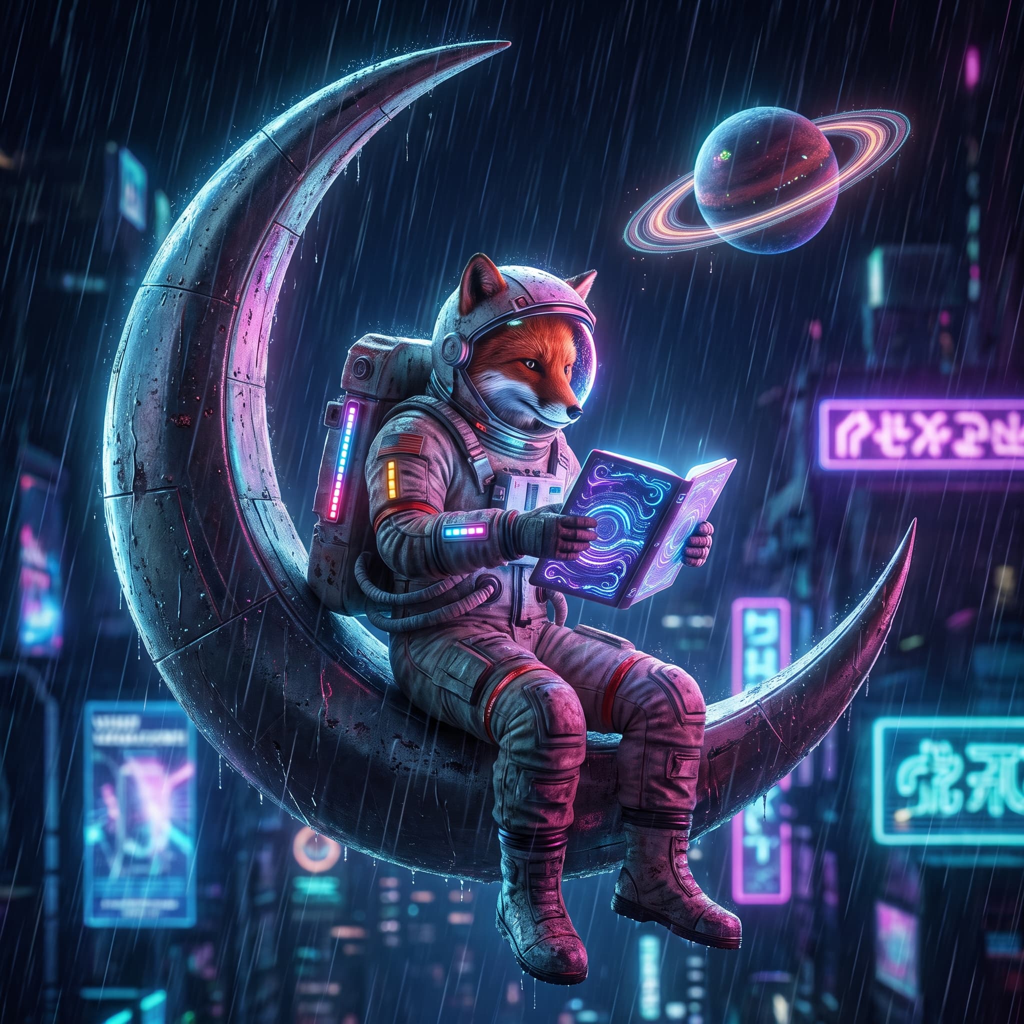 Fox astronaut in cyberpunk style