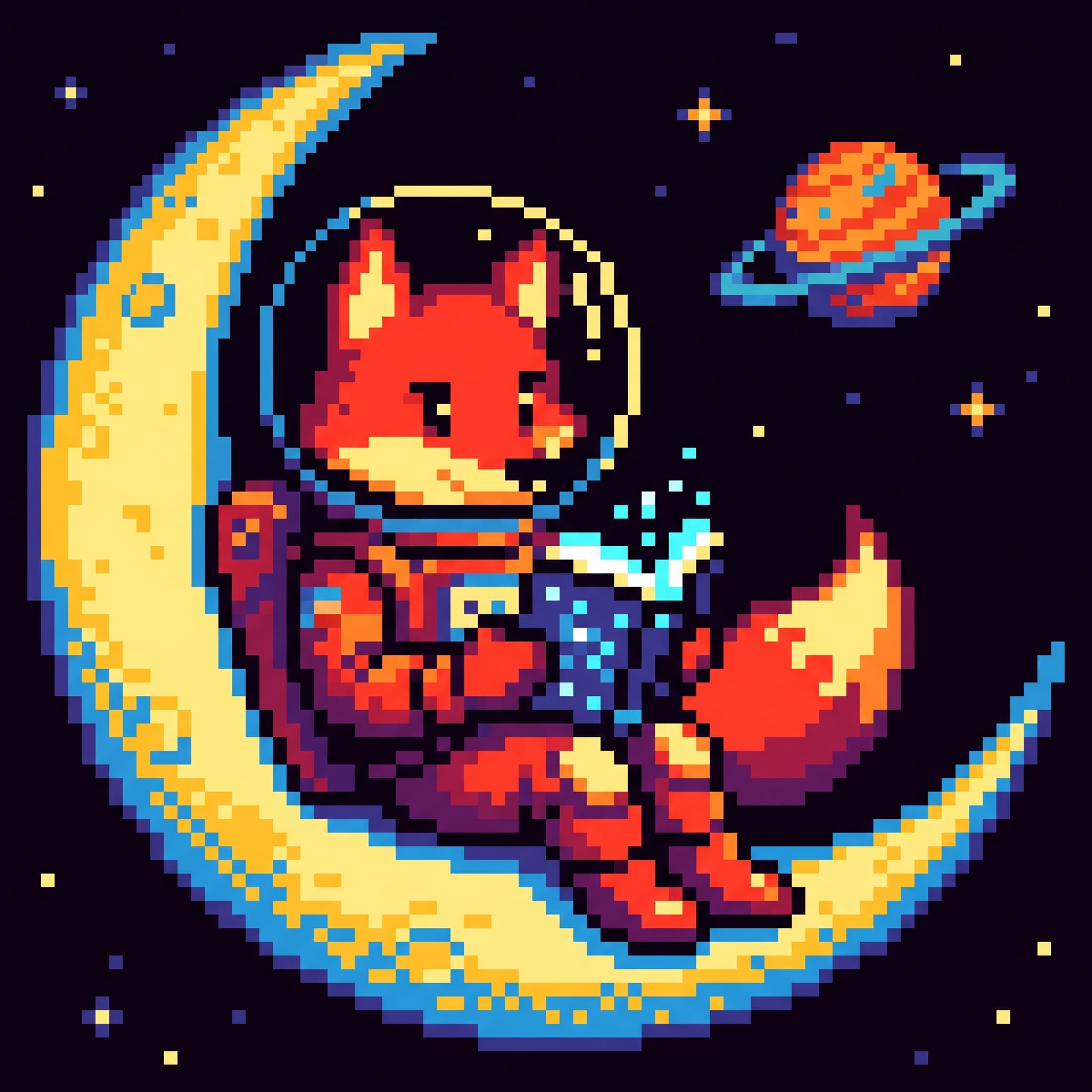 A fox astronaut reading on a crescent moon, rendered in pixel art style