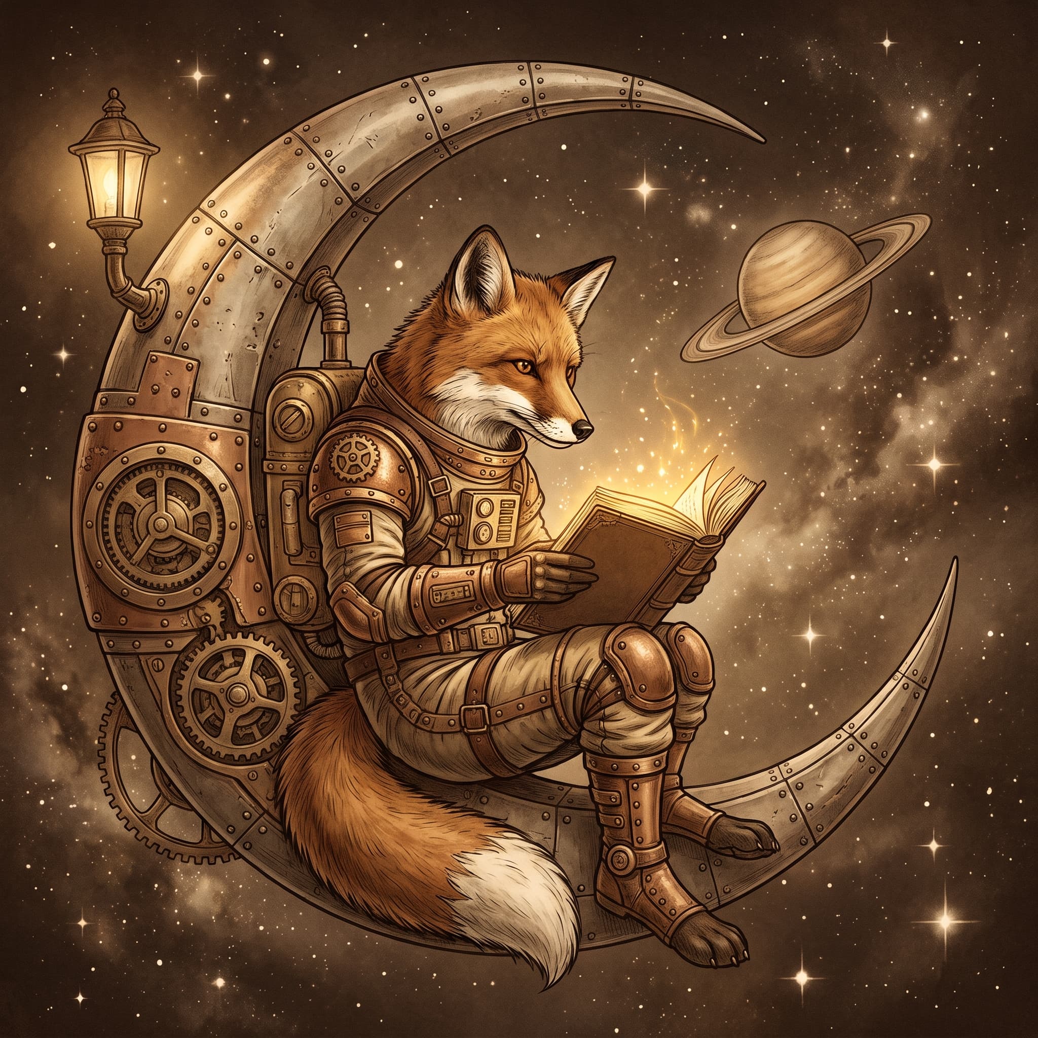 A fox astronaut reading on a crescent moon, rendered in steampunk style