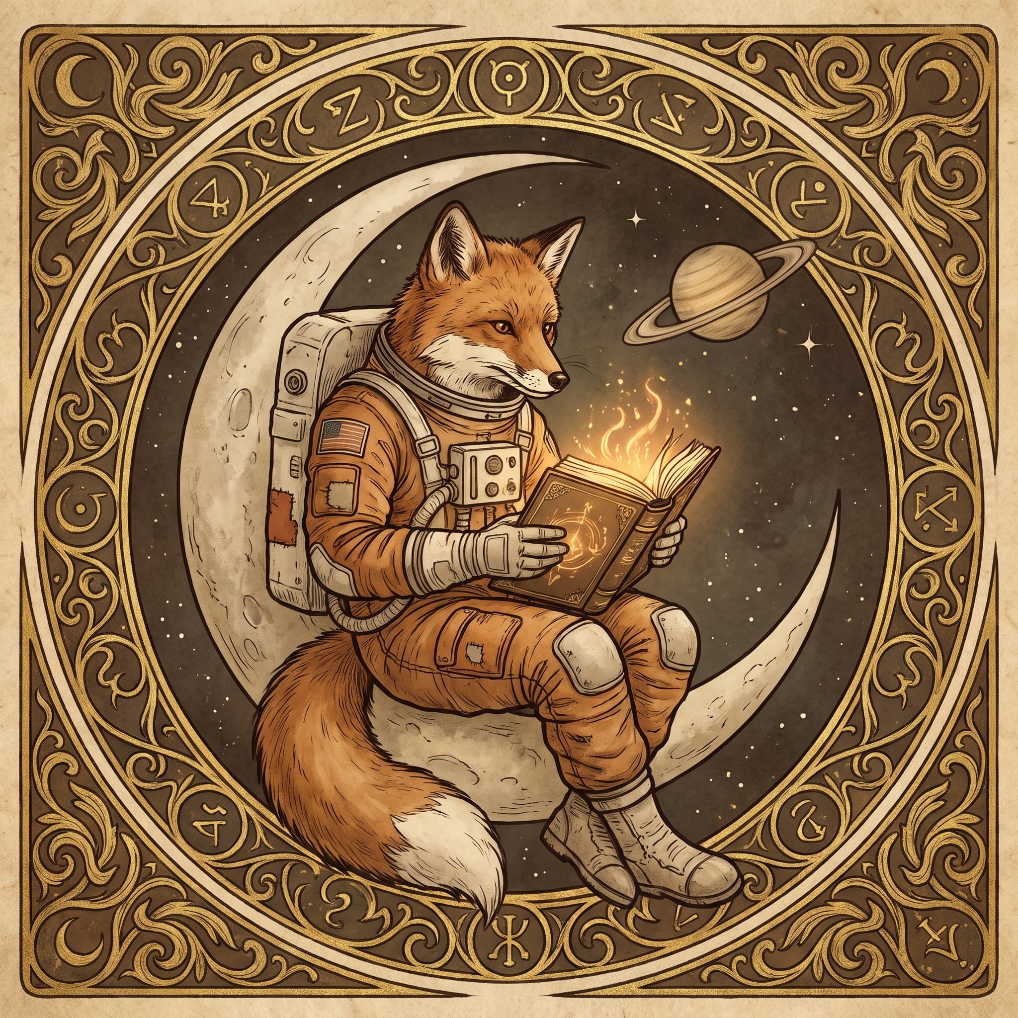Fox astronaut in tarot card style
