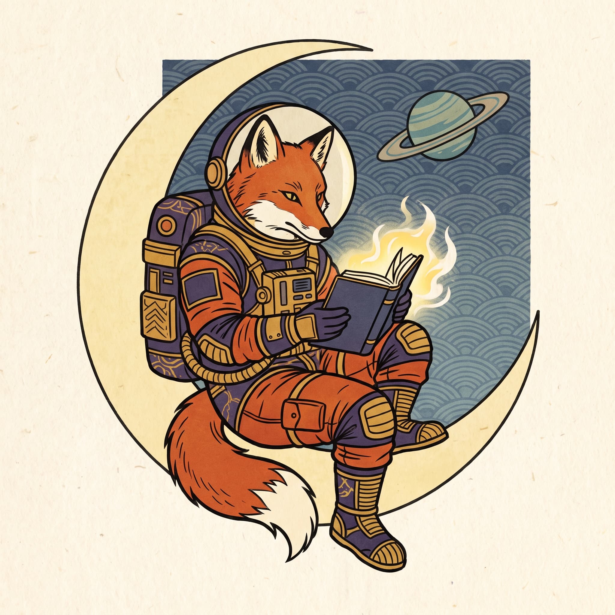 A fox astronaut reading on a crescent moon, rendered in ukiyo-e style
