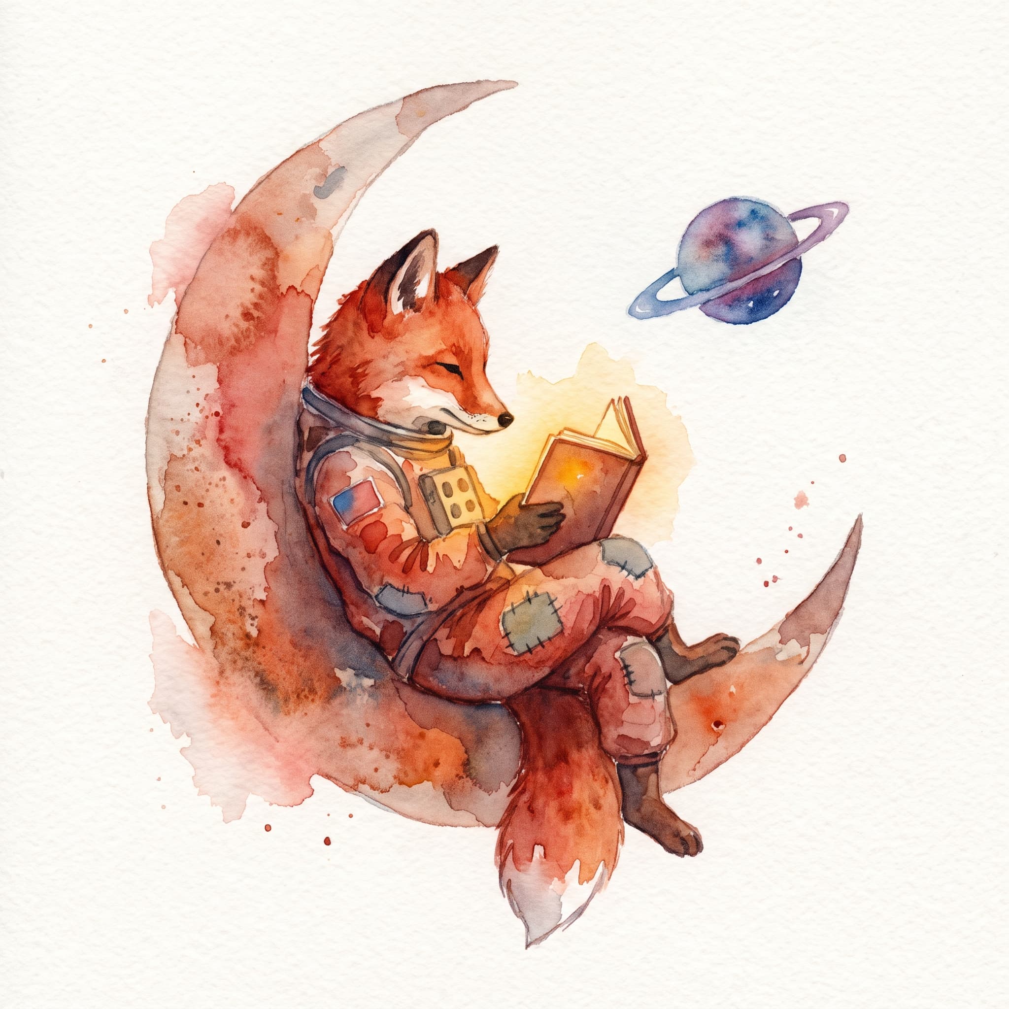 A fox astronaut reading on a crescent moon, rendered in watercolour style
