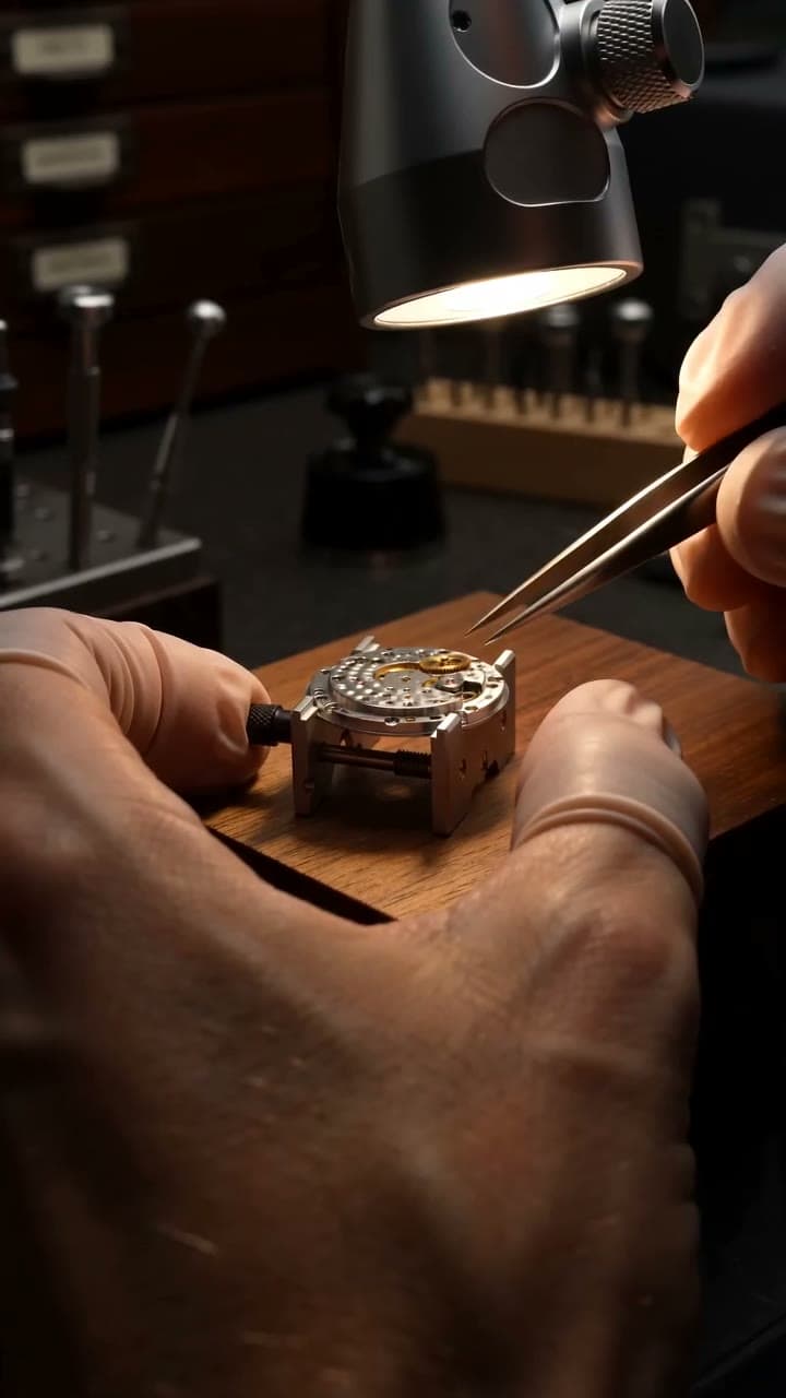 Vertical video of a watchmaker's hands placing a tiny gear under a loupe in warm focused light