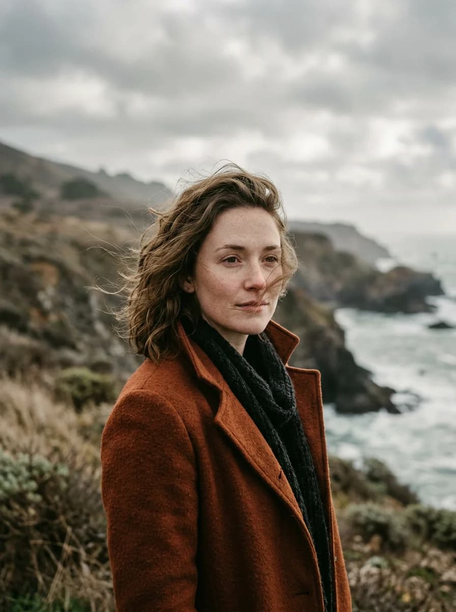 Illustrative coastal AI portrait with natural skin texture and soft light