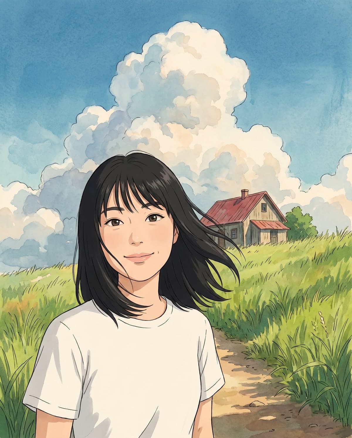 AI hand-painted anime film still of a woman on a grassy hillside under large clouds