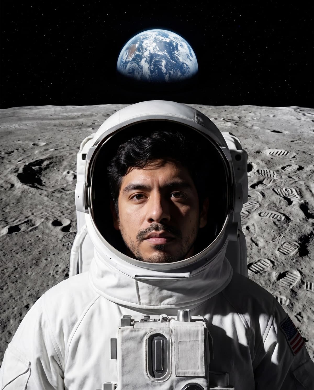 AI astronaut portrait of a man on the moon with Earth rising behind him