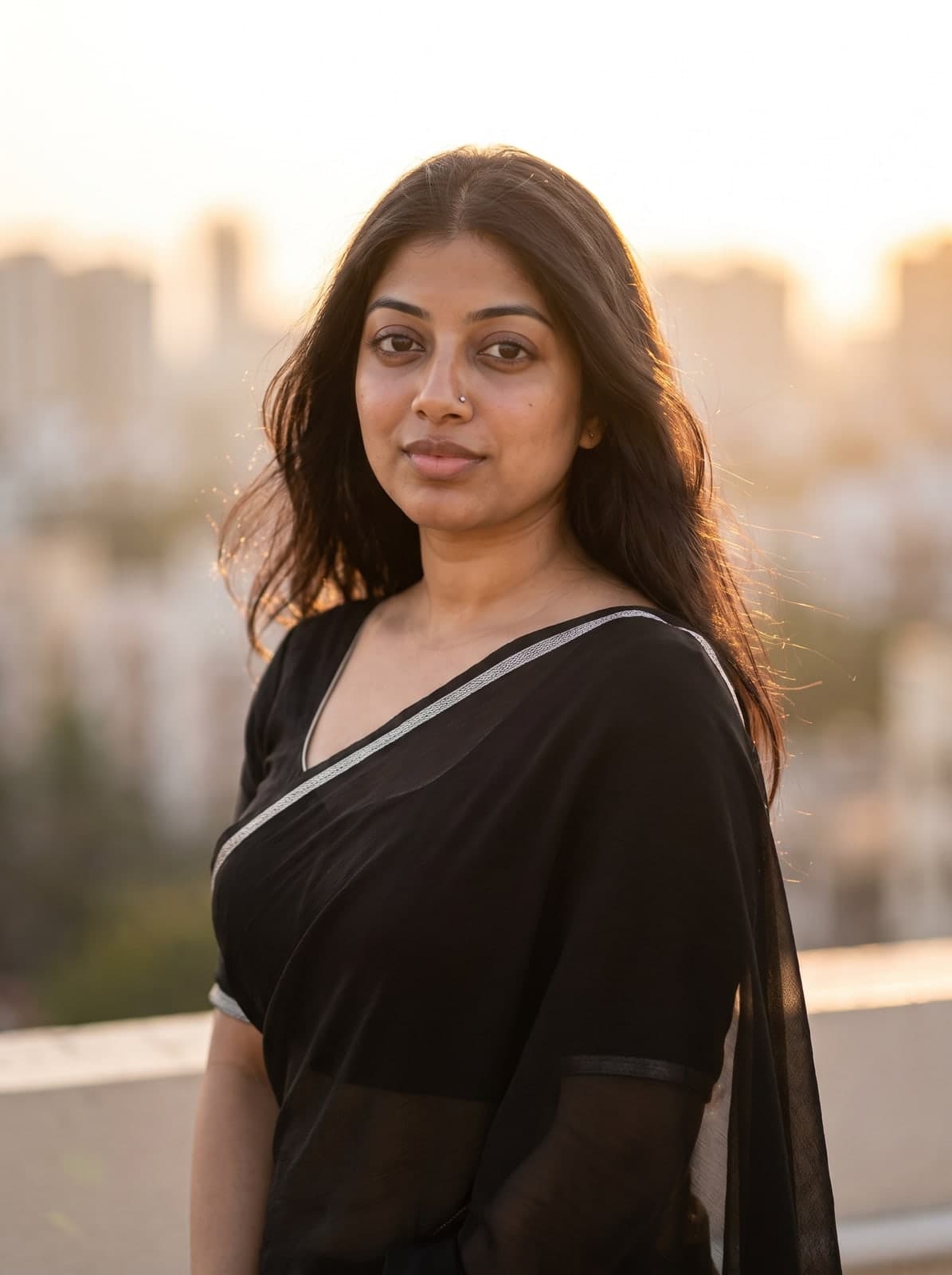 AI portrait of a woman in a black saree on a terrace at golden hour with rim light