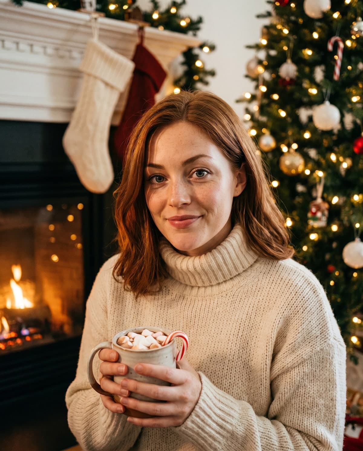 AI Christmas portrait of a woman in a knit sweater holding a mug by a fireplace