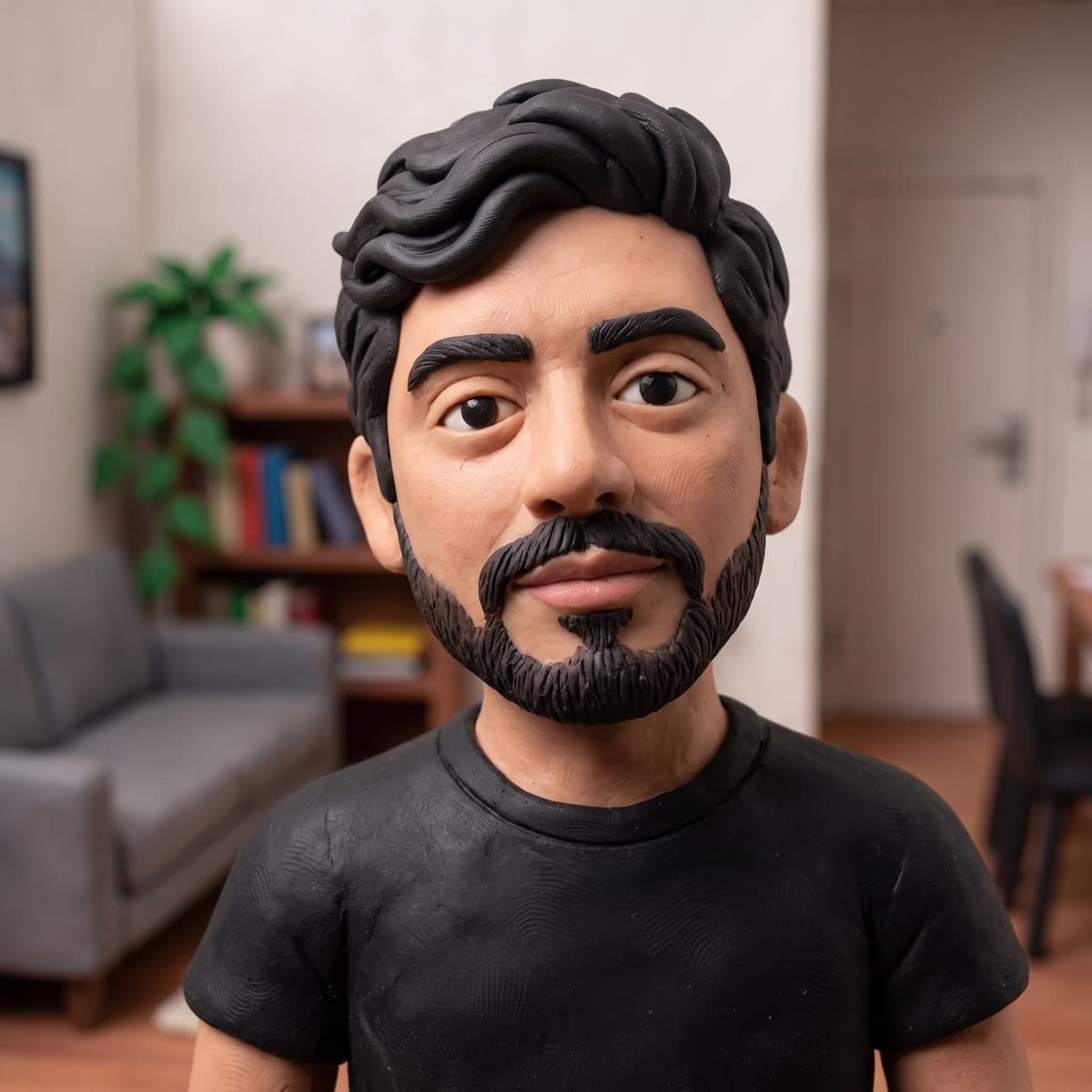 AI claymation character of a man in a miniature handmade living room set