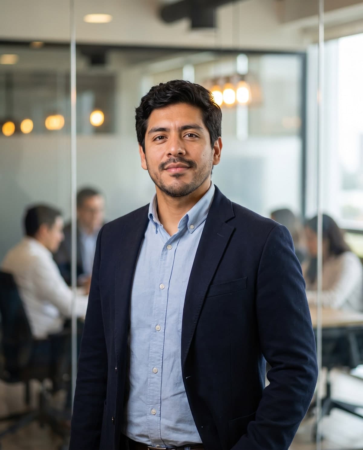 AI corporate portrait of a man in a blazer in a modern glass office