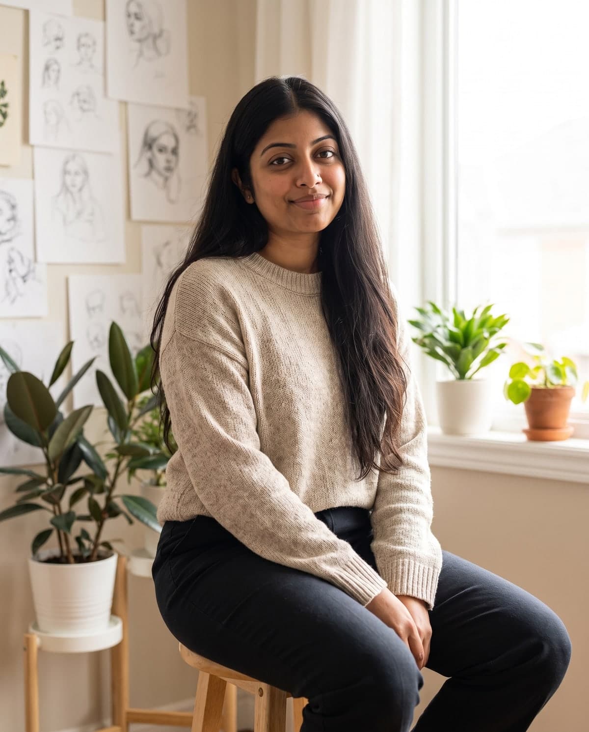 AI portfolio portrait of a woman on a stool in a bright creative studio with plants