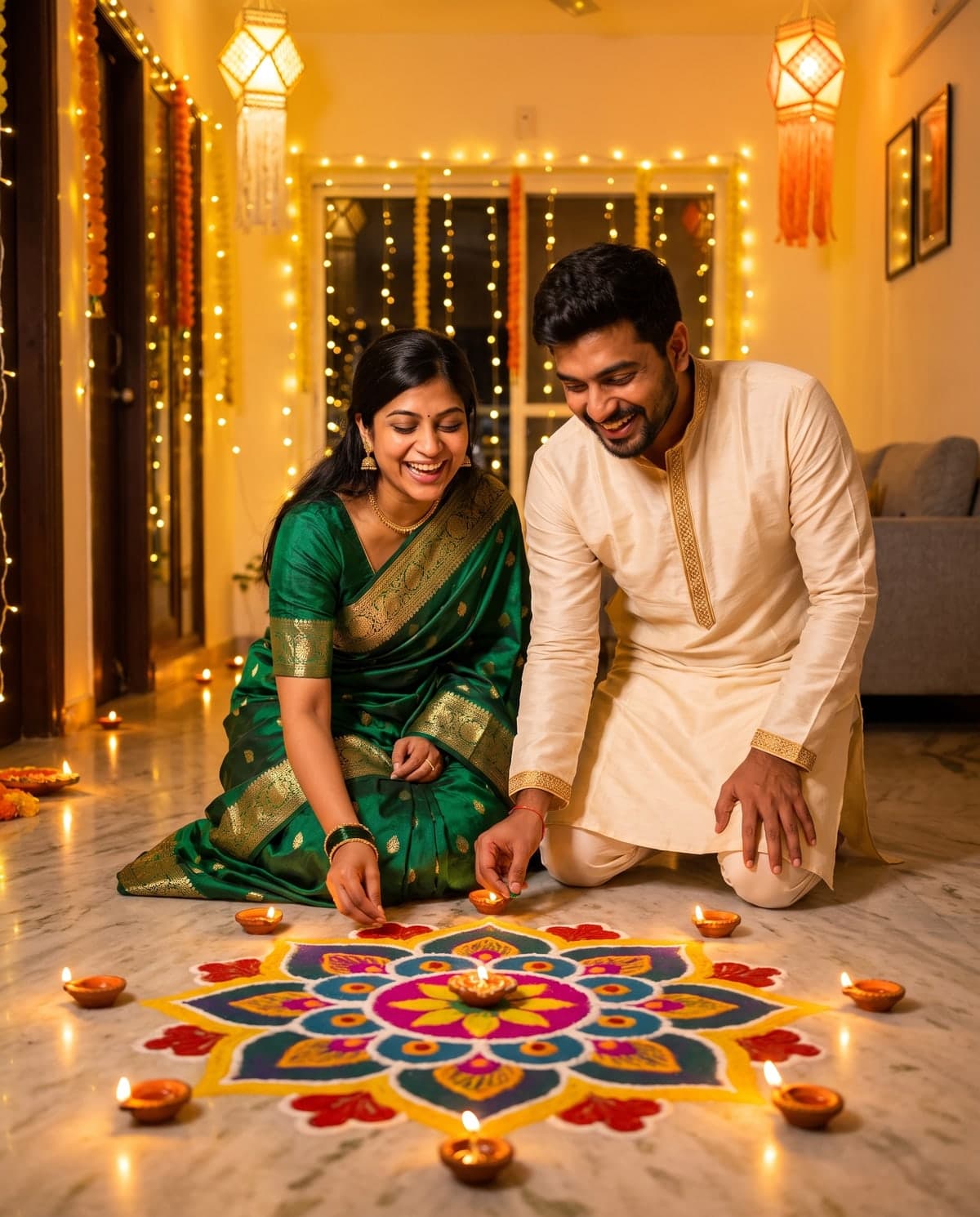 AI Diwali couple photo with two people making a rangoli surrounded by diyas
