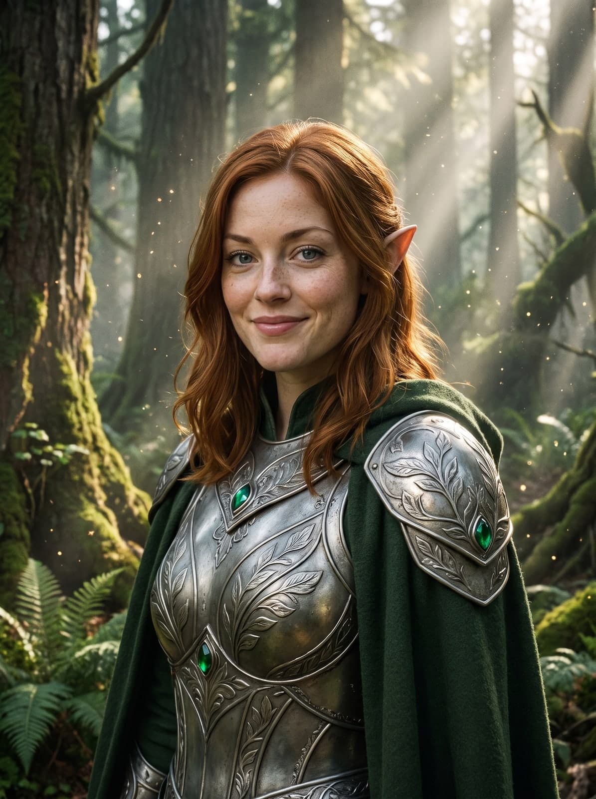 AI fantasy portrait of a woman as an elven warrior in silver armour in a misty forest
