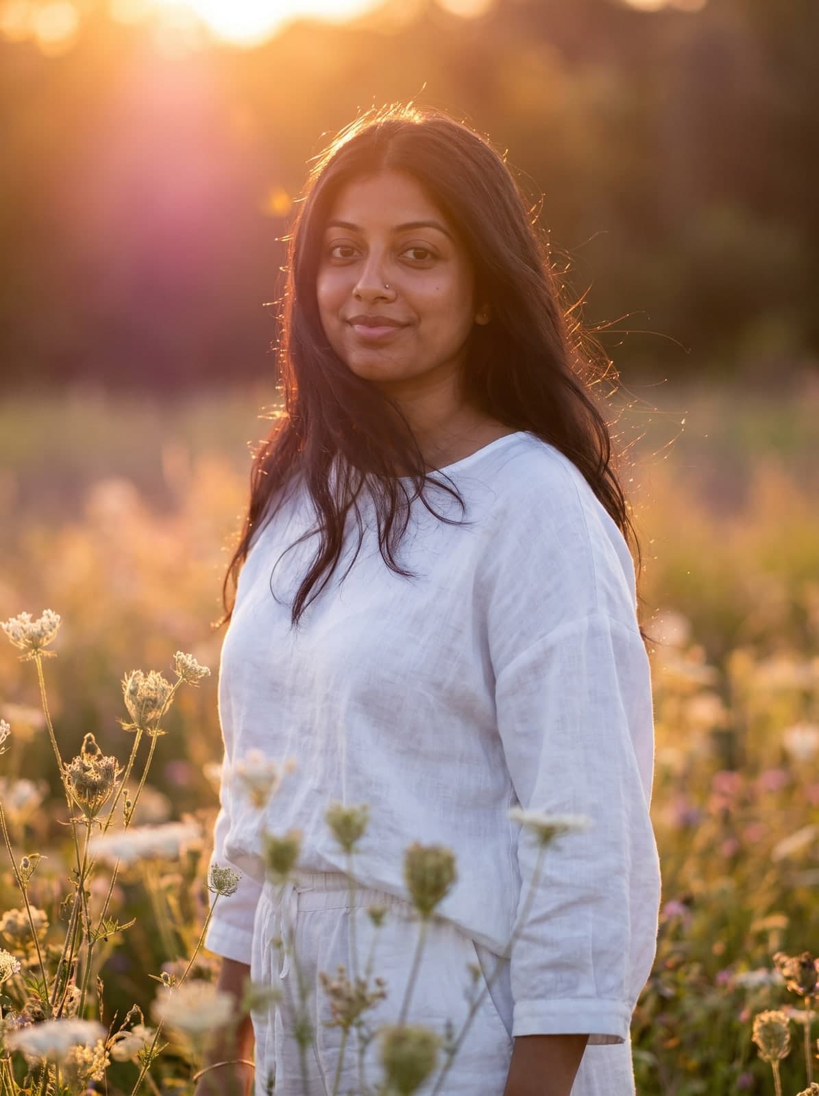 AI golden hour portrait of a woman in white linen in a wildflower field with lens flare