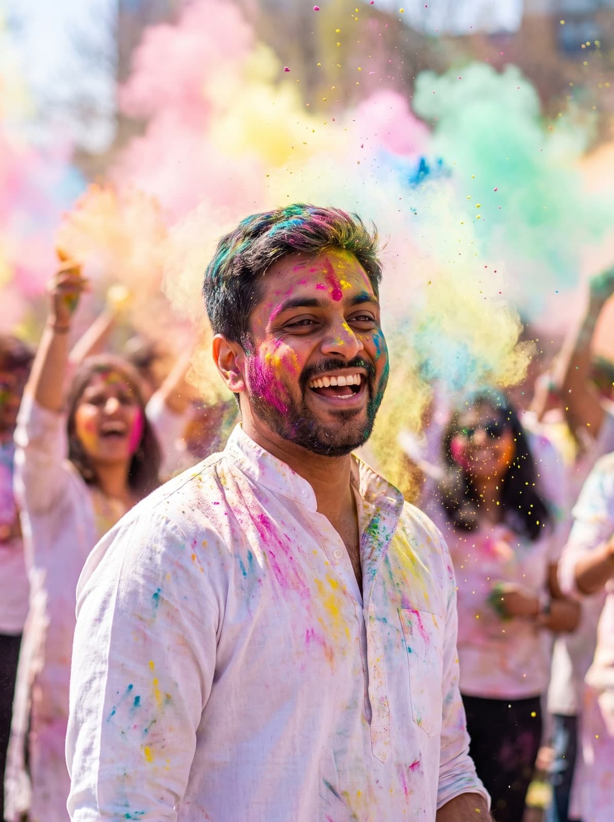 AI Holi portrait of a laughing man in a white kurta surrounded by bursts of coloured powder
