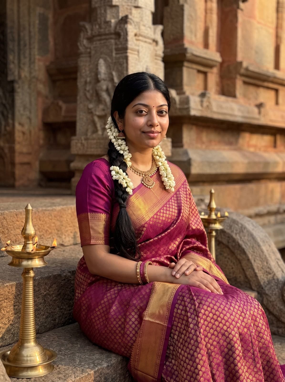 AI portrait of a woman in a magenta Kanjivaram silk saree sitting on temple steps