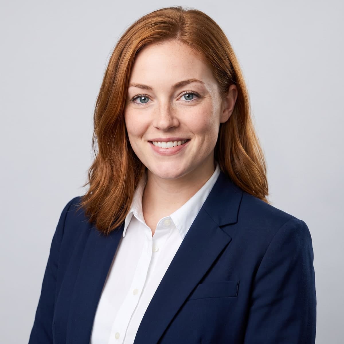 AI LinkedIn headshot of a woman in a navy blazer on a light-grey background