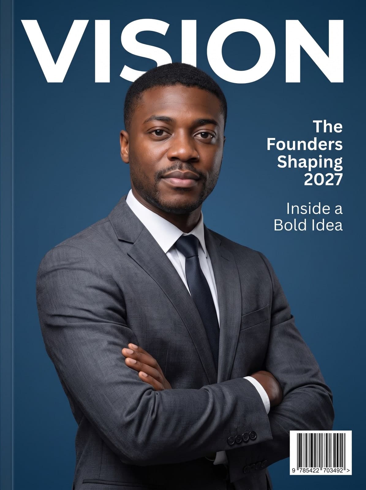AI business magazine cover of a man in a charcoal suit with the masthead VISION