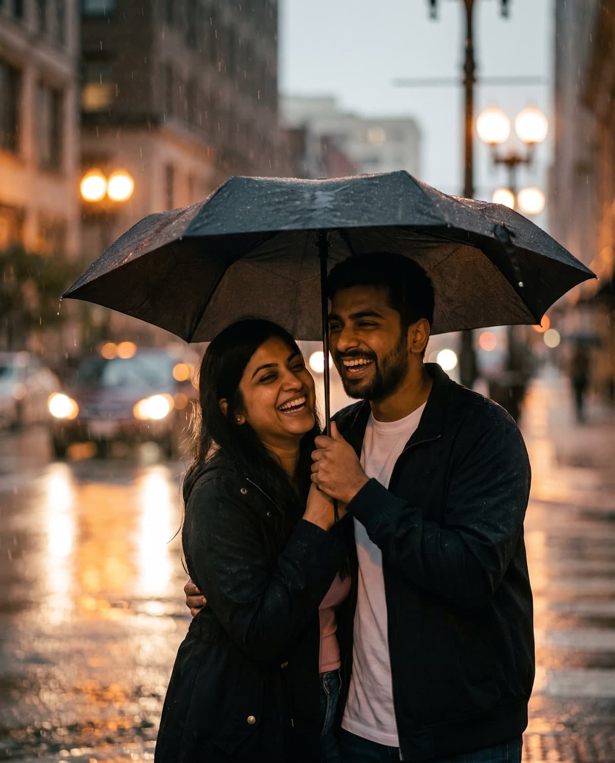 AI couple photo of two people sharing an umbrella on a rainy street at dusk