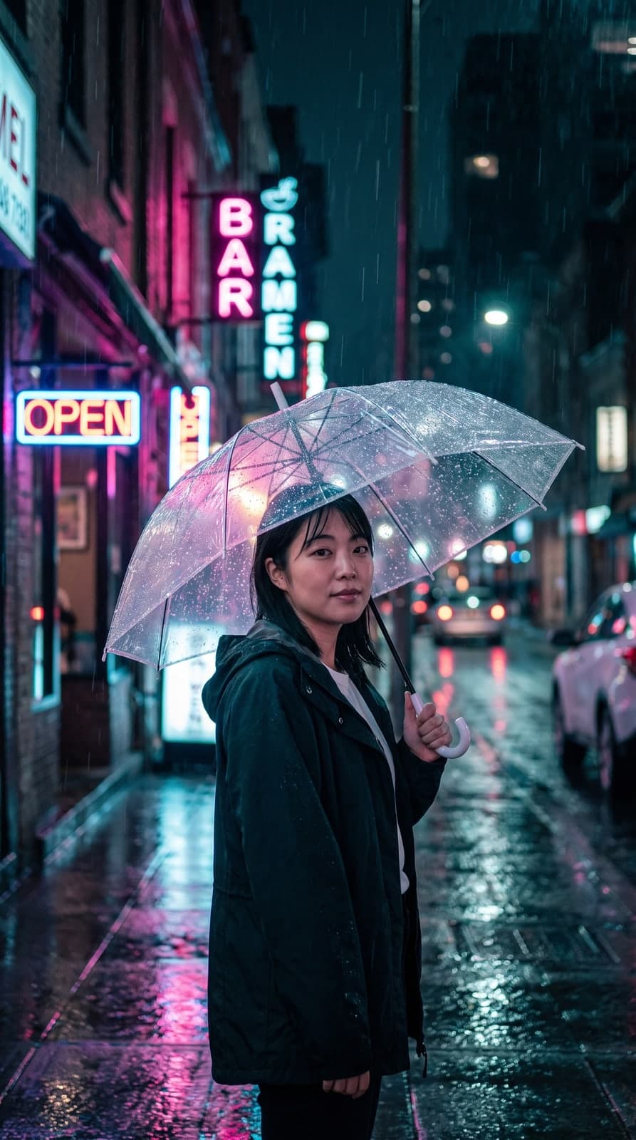 AI cinematic night portrait of a woman with a clear umbrella on a neon-lit rainy street